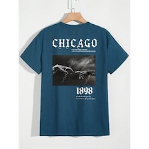 Kadın Siyah Oversize %100 Pamuk Chicago 1898 Sırt Baskılı T-shirt Saks Mavisi