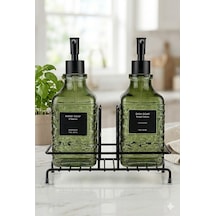 Modern Çizgili - Kabartmalı Cam İkili Sıvı Sabunluk & Deterjanlık Seti - 500ml Standlı Mutfak Ve Banyo Organizeri Yeşil