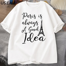 Flood Of Style Erkekler T En Kaliteli Baskı Paris T-shirt Rahat Tatil Moda O Boyun Kazak Pamuk Kısa K Beyaz