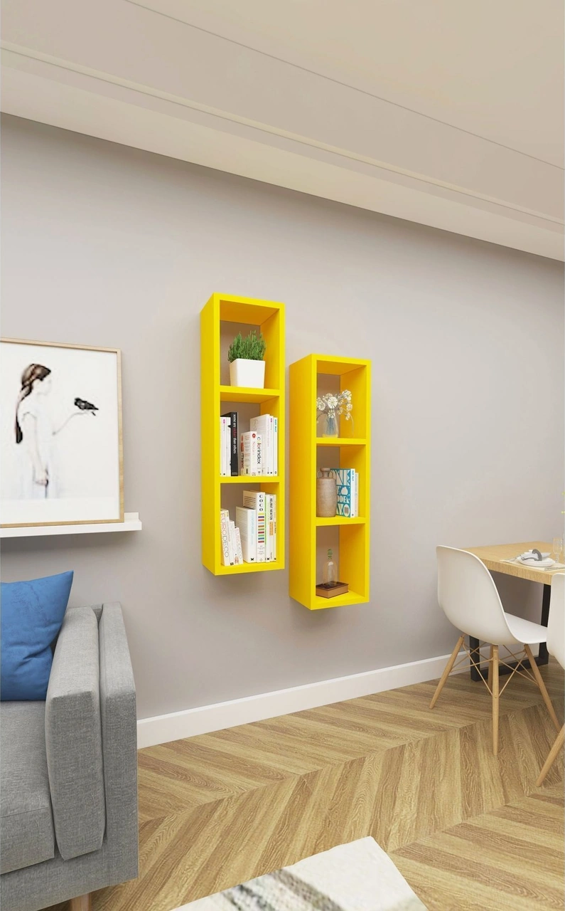 Kitaplık Salon Duvar Rafı Çapraz Ikili Mobilya Takım Sarı Sarı Kitaplık Salon Duvar Rafı Çapraz Ikili Mobilya Takım Sarı Sarı