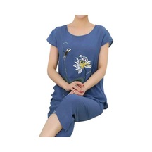 Kraliyet Mavisi Eladies 1 Takım Tişört Pantolon Kısa Kollu Gevşek İki Parçalı Çiçek Hayvan Baskı Orta Yaşlı İçin Pijama Seti Saks Mavisi