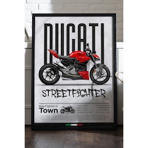 Ducati Street Fighter V4 Siyah Ahşap Çerçeveli Poster, Dekoratif Motosiklet Duvar Tablosu