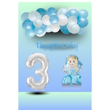 3 Yaş Frozen Tema Prenses Folyo Balon Mavi Beyaz Balon Gümüş Rakam Mavi Banner Doğum Günü Seti Çok Renkli