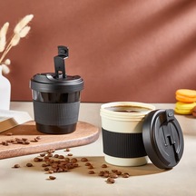 Kahve Bardağı 450 Ml, Sıcak İçecekler İçin, Bpa İçermeyen Plastik, Siyah Kapaklı, Silikon Bantl Siyah Ve Beyaz