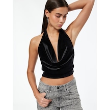 Koton Slim Fit Kadife Degaje Yaka Kolsuz Crop Bluz Siyah 7wal30002ık