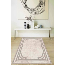 Bej Çerçeveli Kaymaz Tabanlı Makinede Yıkanabilir Halı Mk41n11