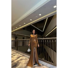 DefyModa Kadın Bisiklet Yaka Taş Detaylı Uzun Kollu Abiye Elbise Vizon