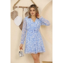 Neşeli Butik Kadın Desenli Mini Şifon Elbise Rssn37 - Mavi Mavi