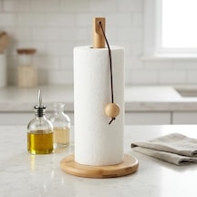 Doğal Bambu Bohem Top Tutacaklı Kağıt Havluluk - Dekoratif Ahşap Stand 30x14 Cm, Kahve Ve Bambu Renk Seçenekli, 1 Adet Doğal