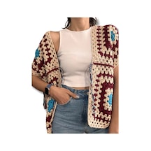 El Yapımı Bağlamalı Uzun Bohem Granny Square Kadın Yelek