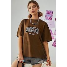Unisex Brooklyn New York Baskılı Tasarım Tshirt Kahverengi
