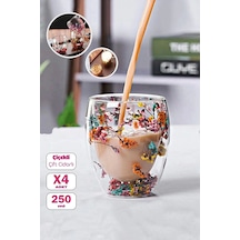4'lü Çift Cidarlı Çiçekli Bardak Çay Kahve Sunum Bardağı 250ml El Yapımı Flower Cup Borosilikat