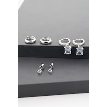 Kadın Altın Kaplama Kare Baget Zirkon Taşlı 6'lı Set Küpe Altın