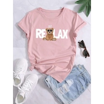 Relax Bear Süprem T-shirt - Pembe Baskılı Oversize Bisiklet Yaka Tişört Pembe-
