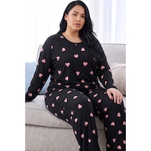 Siyah İnci Desenli Termal Kumaşlı Ultra Soft Yumuşak Büyük Beden Battal Boy Örme Pijama Takımı 26226728 Siyah