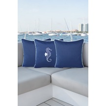 Kırlent Kılıfı 45x45 3'lü Set Marin Nakışlı Deniz Atı Desen Su İtici Outdoor Keten Tekne Bahçe Lacivert