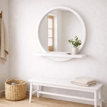 90x90 Cm Raflı Masif Kayın Ağacı Yuvarlak Ayna İskandinav Tarzı Antre Ve Banyo Aynası Beyaz