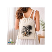 Ghostbastır Design Kaplan Kedi Büzgülü Keten Çanta C130 Bej