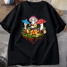 Flood Of Style Hippi Sihirli Mantar Tshirt Komik Grafik T Shirt Streetwear 90s Erkek T-shirt Adam Hippi Pamu Siyah