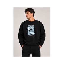 Herkesemoda Focus Baskı Detaylı Bisiklet Yaka Şardonlu 2 İplik Sweatshirt Siyah