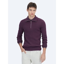 Mürdüm Polo Yaka Jakarlı Triko Kazak Mürdüm