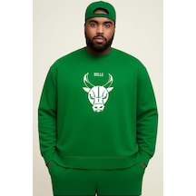 Benroma 3 İplik Penye Chıcago Bulls Baskılı Büyük Beden Unisex Sweatshırt Yeşil