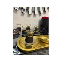 6 Kişilik 12 Parça Yaldızlı Black Çay Takımı, İrem Çay Seti, 6 Adet İrem Çay Bardağı Ve 6 Adet Çay Tabağı Siyah-gold