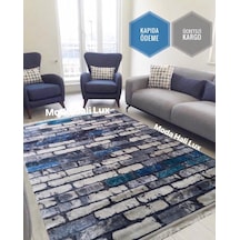Taş Mavi Kaymaz Tabanlı Yıkanabilir Halı Kilim Yolluk Gri