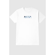 Nasa Logolu Uzay Desenli Unisex Oversize T-shirt %100 Pamuk Street Style Yazlık Günlük T-shirt Beyaz