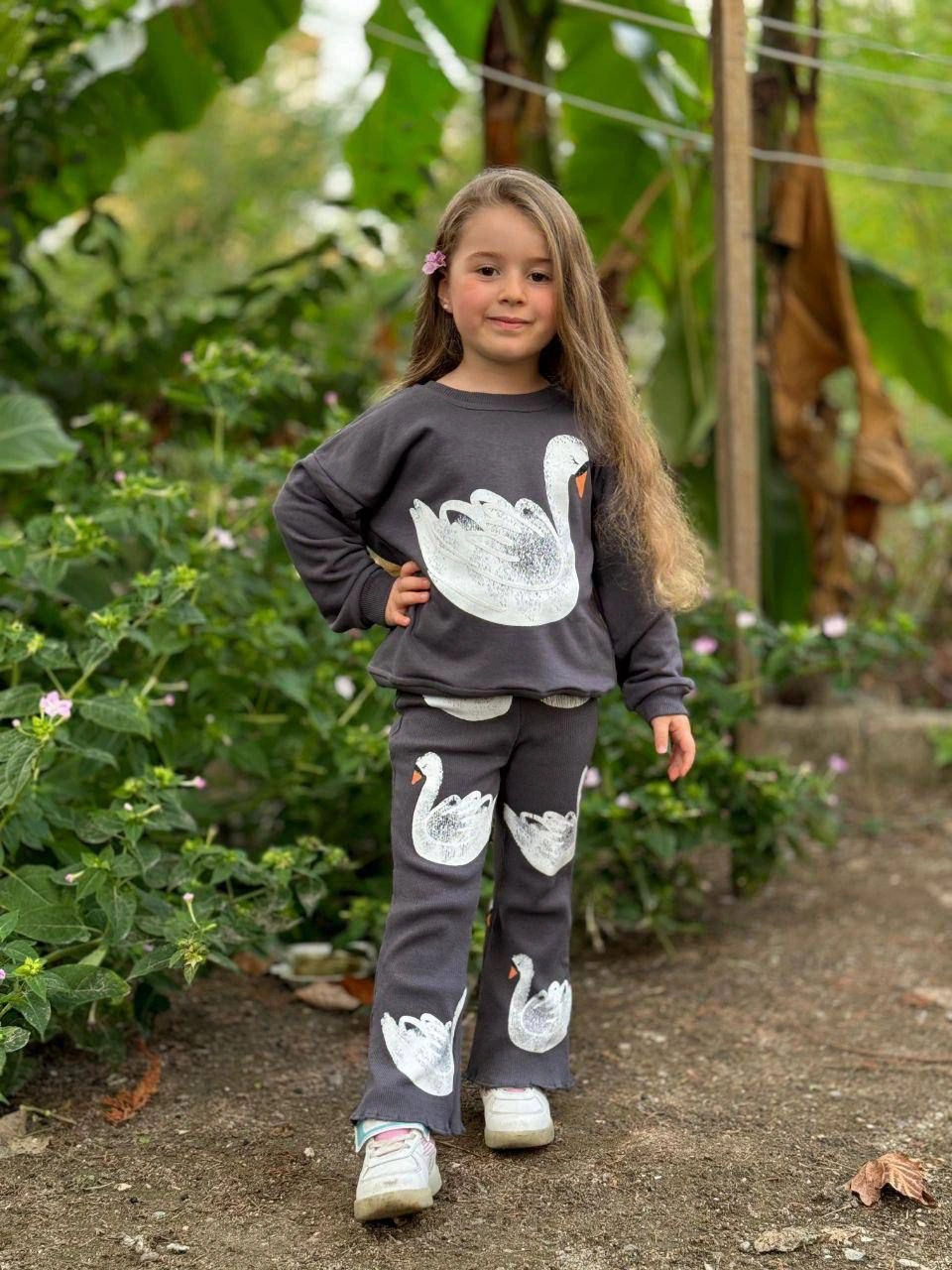 Cg Kids Kabartma Kuğu Baskılı Kız Çocuk Eşofman Takım Alt Fitilli Antrasit - Beyaz