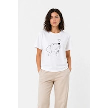 Mzpkartan Kadın Köpek Figürlü Minimal Baskılı Tişört Kısa Kol Yazlık T-shirt - Beyaz