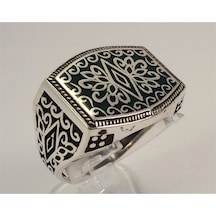 Otantik Selçuklu Motifli Yeşil Mineli Erkek Gümüş Yüzük