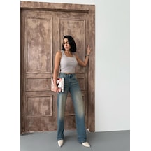 Kadın Straight Yüksek Bel Boru Paça Kot Pantolon Mavi Tint Mavi+tint