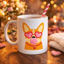 Sevimli Corgi Desenli Porselen Kupa Model 44 Kalpli Gözlüklü Köpek Tasarımlı, Eğlenceli &  F