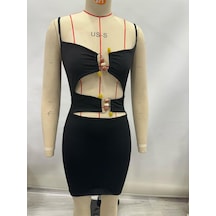 Siyah Dalgıç Kumaş Askılı Toka Detaylı Mini Elbise Siyah