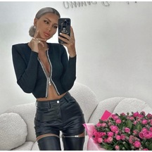 Kadın Kaşkorse Kumaş Zincirli Çift Fermuarlı Fırsat Ürün Bluz Siyah