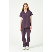 Mürdüm Likralı Scrubs Kargo Cep Doktor Hemşire Forması Yarasa Kol Takım Unisex