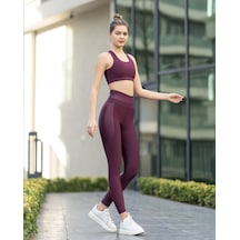 Lismina Yanları Ve Beli Deri Görünümlü Kumaş Detaylı Spor Tayt Mürdüm