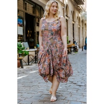 Otantik Desenli Bağcıklı U Yaka Büyük Beden Elbise Desenli