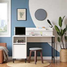 Robin Home Çalışma Masası Genç Çocuk Öğrenci Raflı Dolaplı Beyaz Beyaz