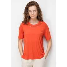 Kadın Sıfır Yaka Yakası Çift Şeritli Taşlı Penye T-shirt Oranj Turuncu