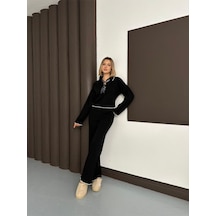 Newco Polo Yaka Fularlı Oversize Triko Takım Kazak Siyah