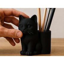 3d Baskı Kedi Figürlü Kalemlik - Masaüstü Organizer - Siyah Diğer