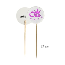 15 Cm Uzun Kürdan - 20 Adet Pembe One Baskılı 1 Yaş Baskılı Kokteyl Kürdanı