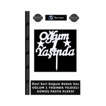 Özel Seri Doğum Bebek Süs Oğlum 1 Yaşında Yıldızlı Gümüş Pasta Pleksi