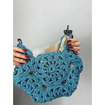 El Örgüsü Çiçekli Kadın El Çantası 30x27 Cm Mavi