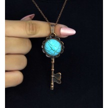 Doğal Taş Firuze Doğal Taşlı Anahtar Model Kadın Antik Kolye Euk35f Mavi