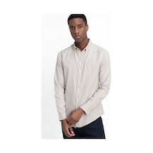 Tudors Slim Fit Uzun Kol Biyeli Yaka Düğmeli Keten Erkek Taş Gömlek-26907-taş Rengi Taş