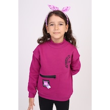 Kız Çocuk Relax Fit Dik Yaka Düşük Omuz Cepli Baskılı Sweatshirt - Fermuar Detaylı & 3 İplik Şardonlu Mürdüm