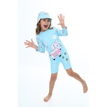Kız Çocuk Yaramaz Sevimli Tavşan Araba Desenli Mavi Renk Güneş Koruma Şapkalı 2'li Takım Uzun Kol Hipster Model Sırt Fermuarlı Hassas Ten Mayo